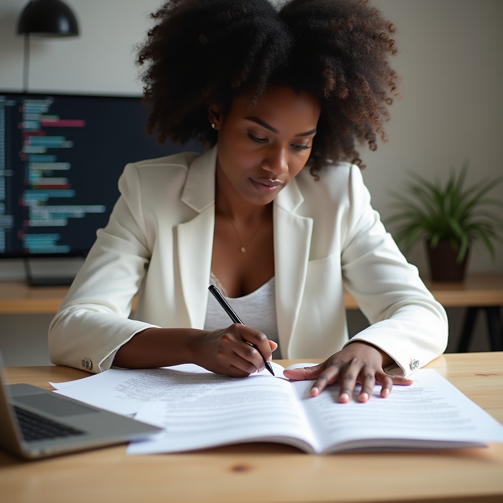 A focused African American woman in her early thirties reviewing printed documentation and making notes at a clean desk with a laptop showing code in the background