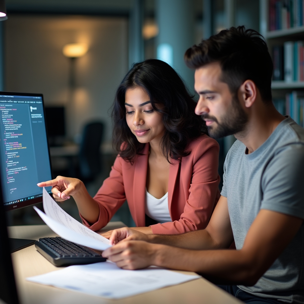 Two researchers in their late twenties, one South Asian woman and one Caucasian man, reviewing international SEO documentation on dual monitors in a well-lit modern office